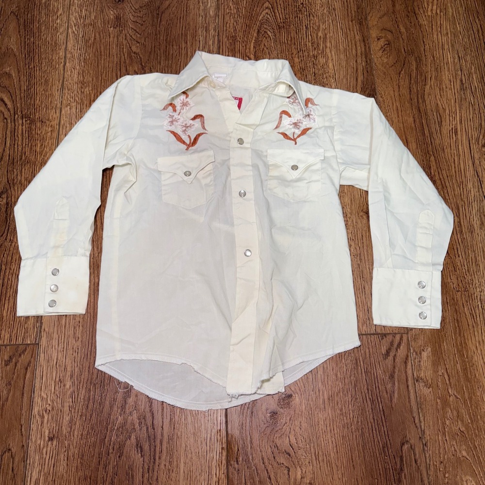 Vintage Chute #1 Kids Western Pearl Snap Shirt Ivory Floral Embroidered Cream